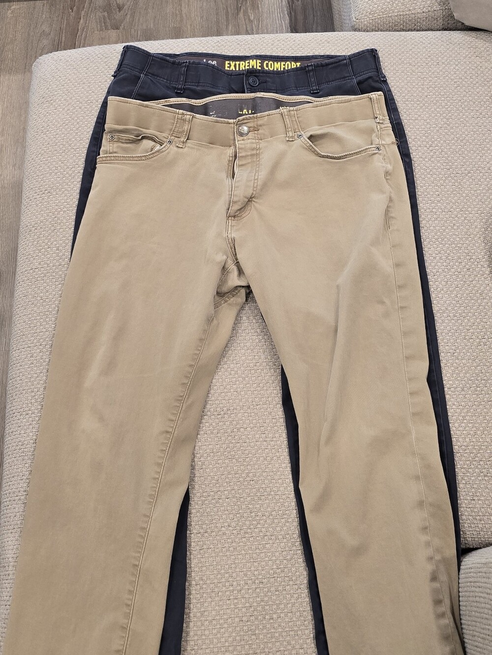 Pair of Lee Extreme Comfort Men’s Straight Jeans — Khaki and Navy